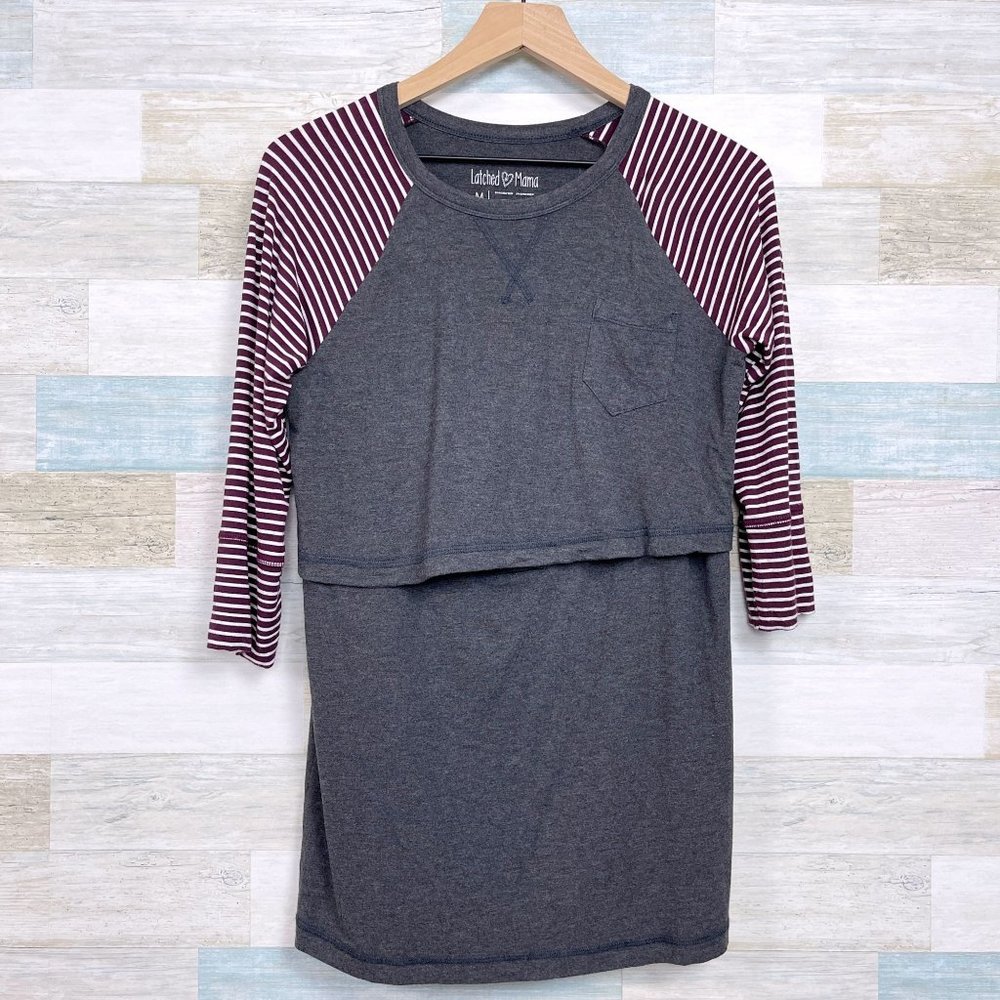 Latched Mama Layered Nursing Tunic Tee Gray Striped Breastfeeding Womens Medium